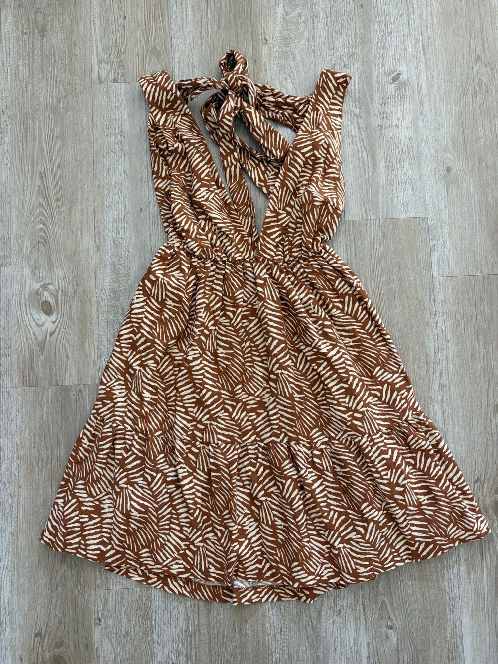 Women's House of Harlow Brown Patterned Tie-Back Open Back Linen Blend Dress